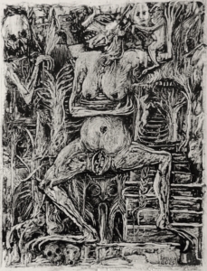 NuDescendant l'escalier huile papier 29x25